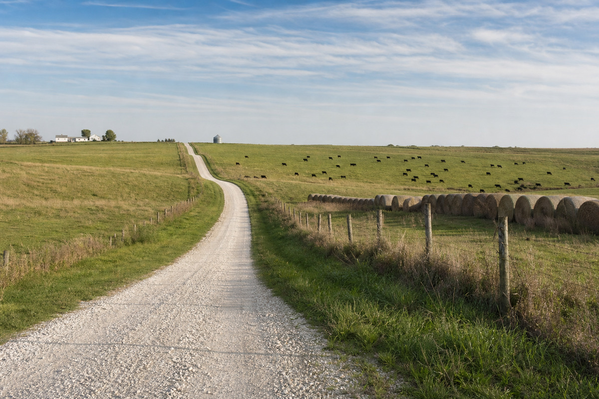Rolling north Missouri farm country with a black cattle herd, a line of round bales and a gravel county road running over the ridge