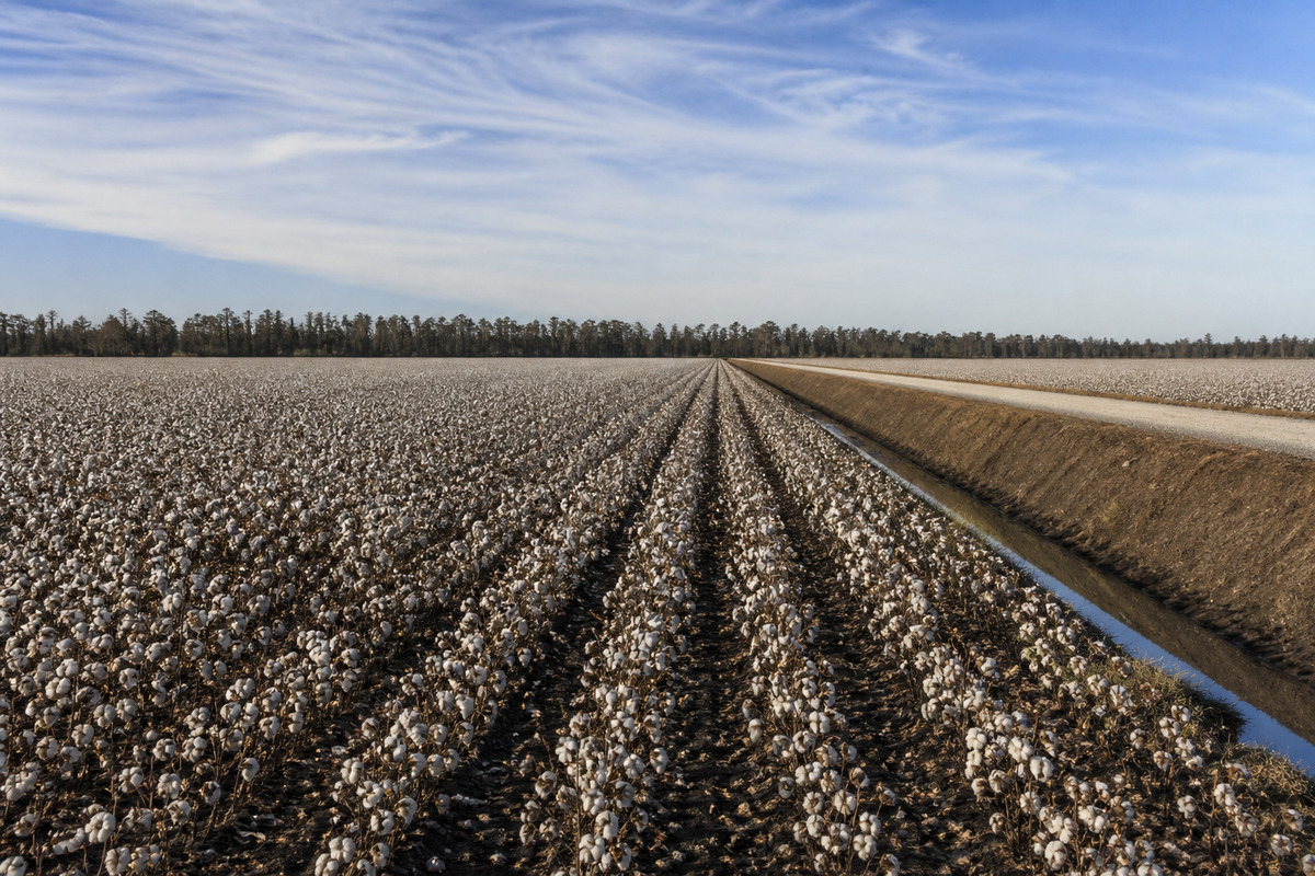 A flat Bootheel cotton field at harvest with a straight drainage ditch, a bank road along it and a line of cypress at the far edge